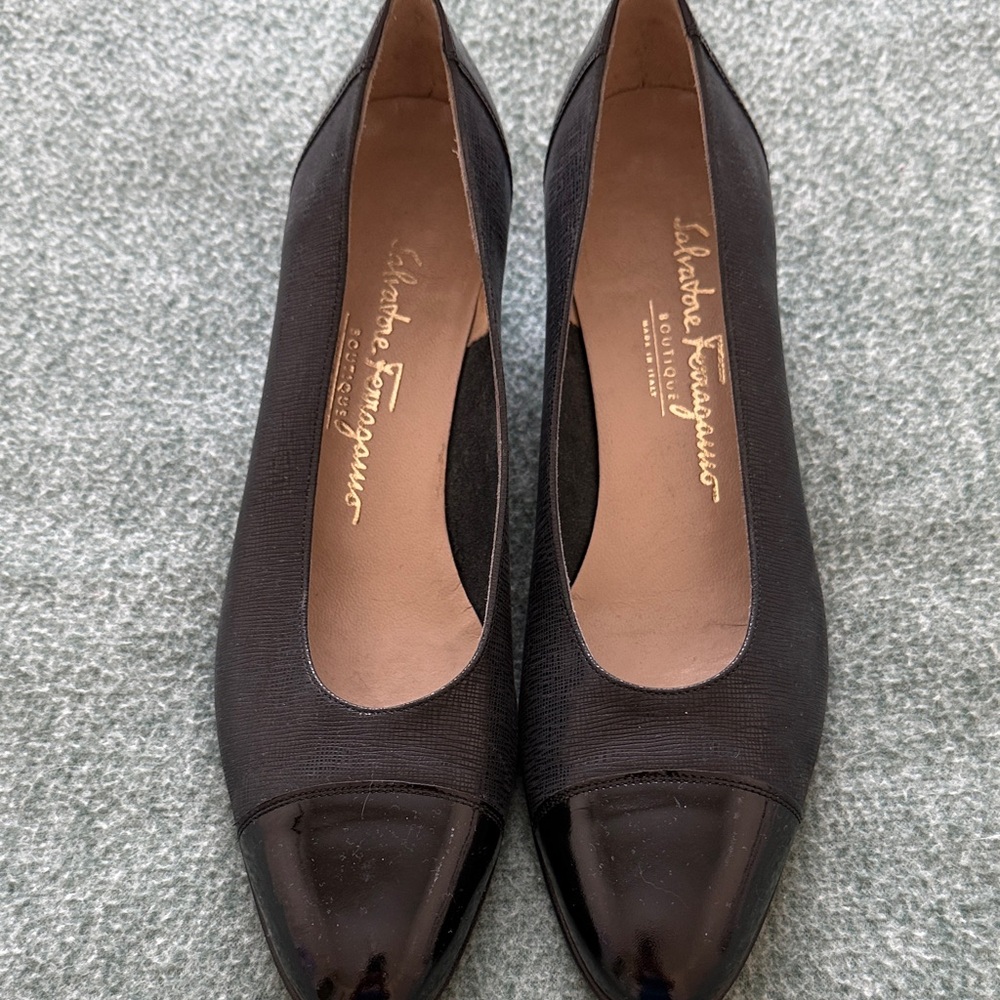 Salvatore Ferragamo Black Patent Toe Heels